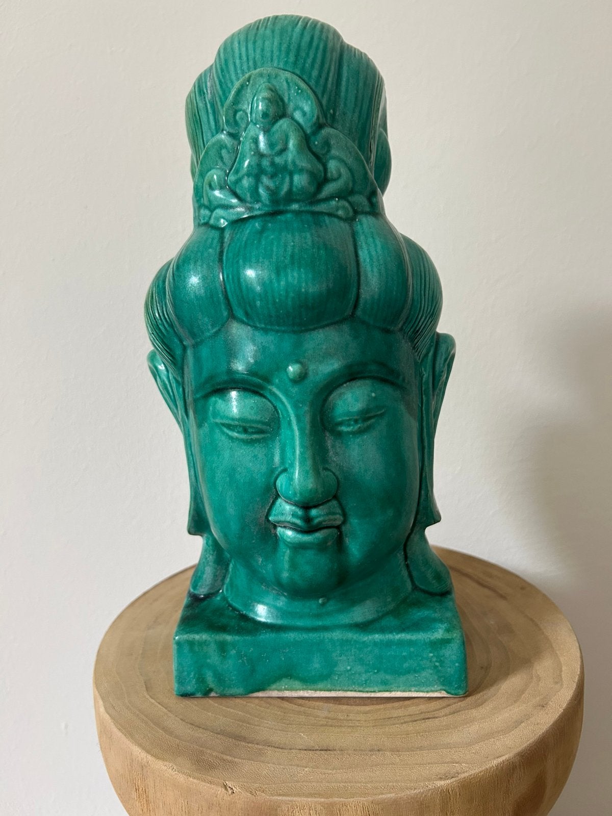 Jade/groen geglazuurde keramieken hoofd Guanyin, Massief, Ophalen of Verzenden, Zo goed als nieuw, Groen