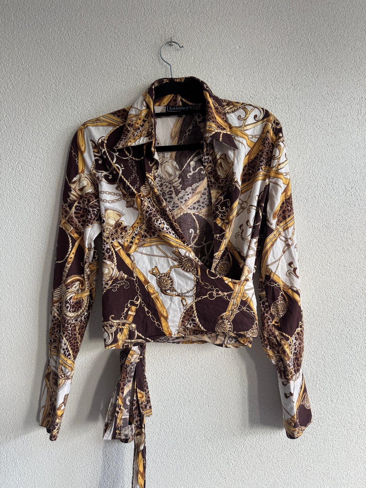 Vintage Y2K blouse met barok stijl ketting print, Bruin, Vintage, Vintage, Ophalen of Verzenden