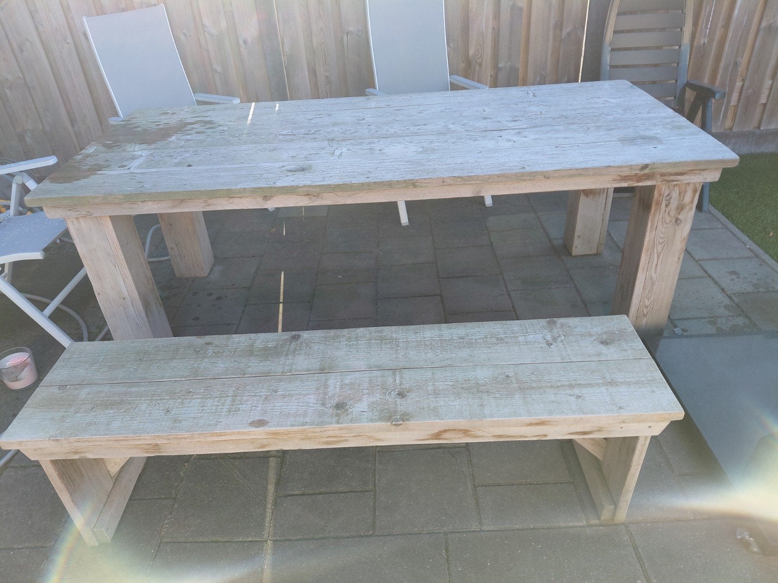 Steigerhouten tafel met bankje, Tuin en Terras, Ophalen, Gebruikt, Rechthoekig, Hout