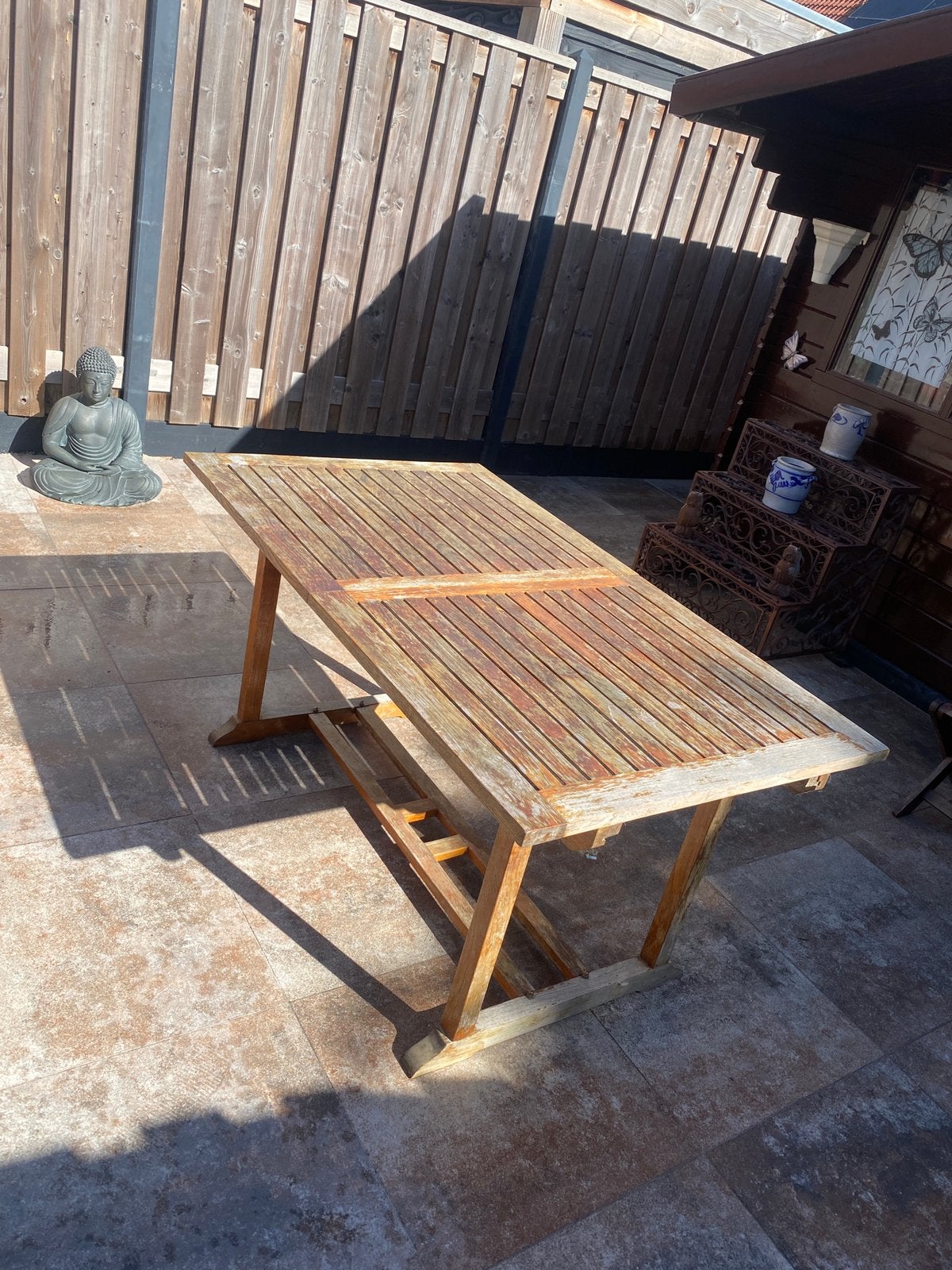 Uitschuifbare teakhouten tuintafel, Tuin en Terras, Ophalen, Gebruikt, Teakhout