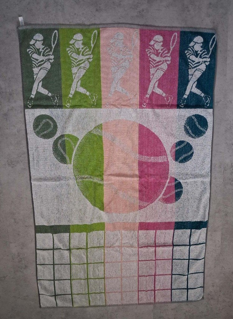 BADLAKEN / Handdoek tennis print. 80 X 125 cm, Ophalen of Verzenden, Gebruikt, Badlaken