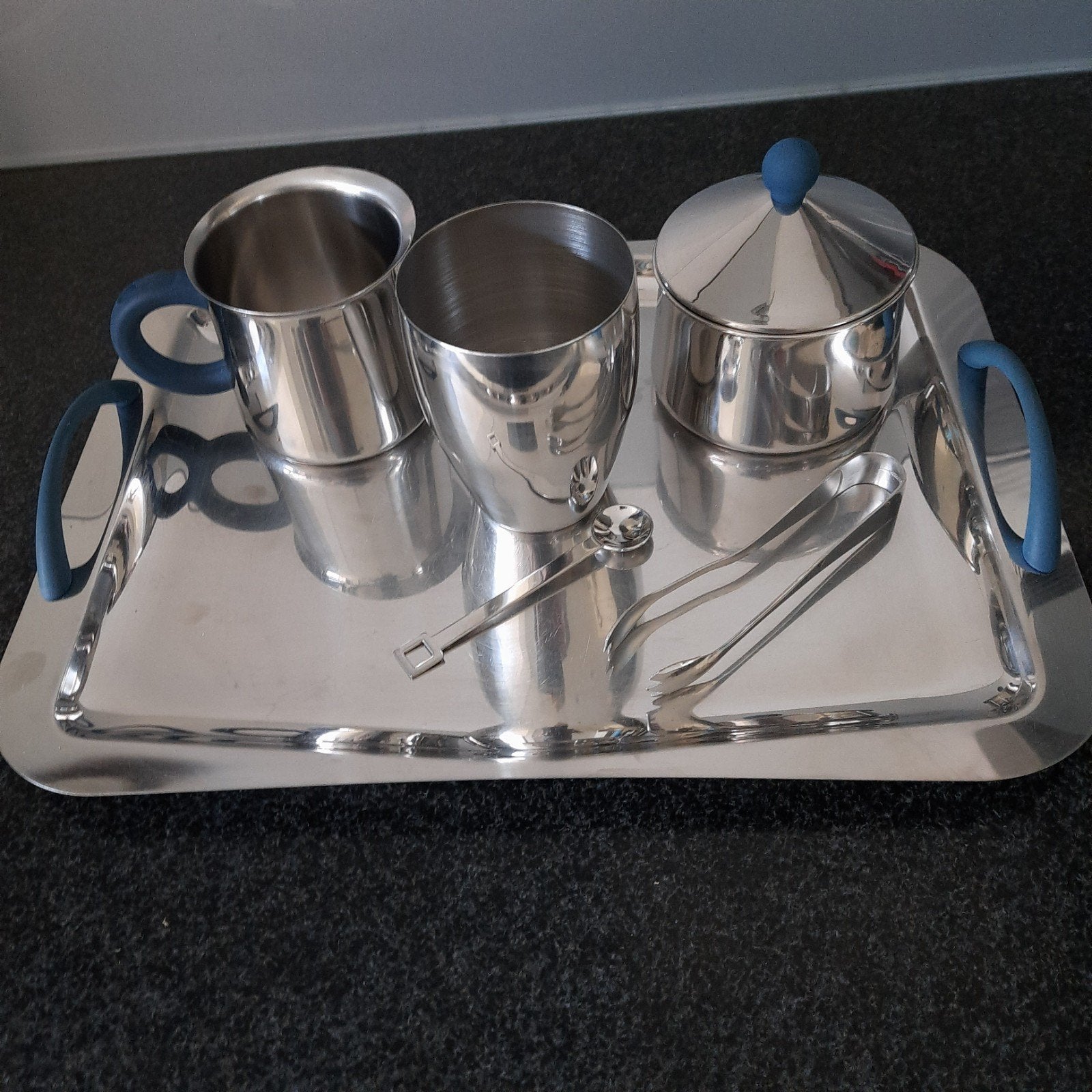 plateau Douwe Egberts melk - suikerkannetje tang en lepeltje, Ophalen, Rechthoekig, Hout