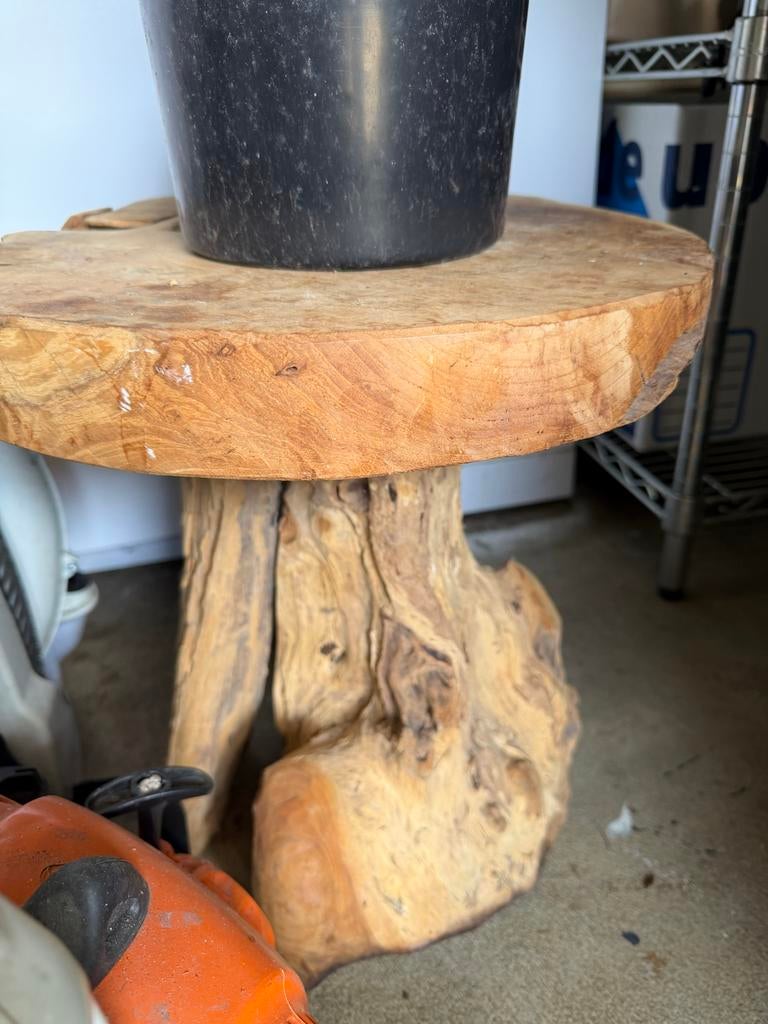 Uniek houten boomstam bijzettafeltje, Huis en Inrichting, Tafels | Bijzettafels, Gebruikt, Rond, Minder dan 45 cm, Minder dan 55 cm