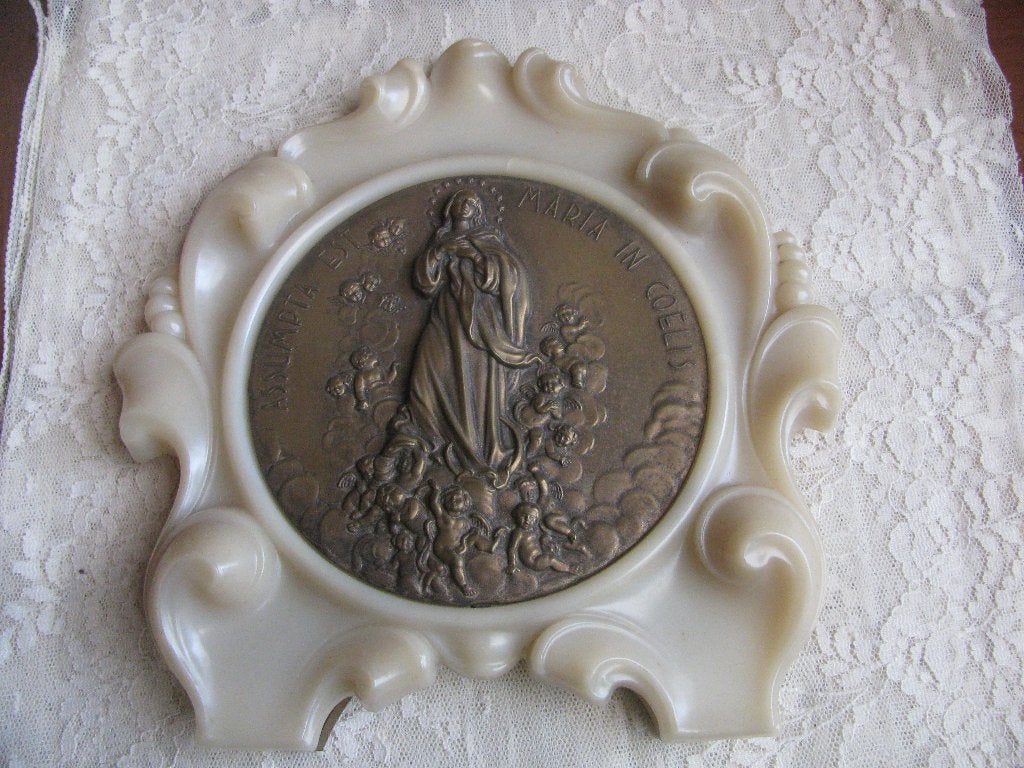 Antieke Franse Religieuze Plaquette in Lijst - Maria Coelis, Verzenden
