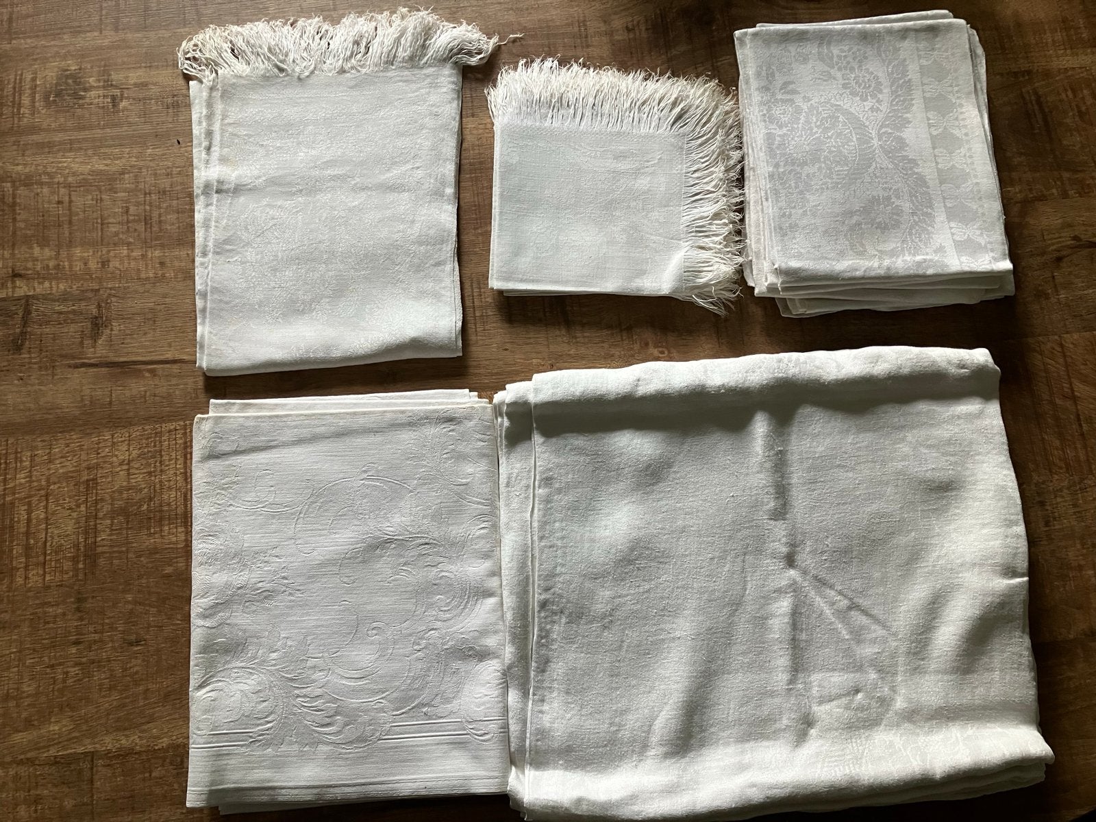 Vintage Damast Tafellaken & Servetten Set, Ophalen, Gebruikt, Inclusief servetten, Katoen