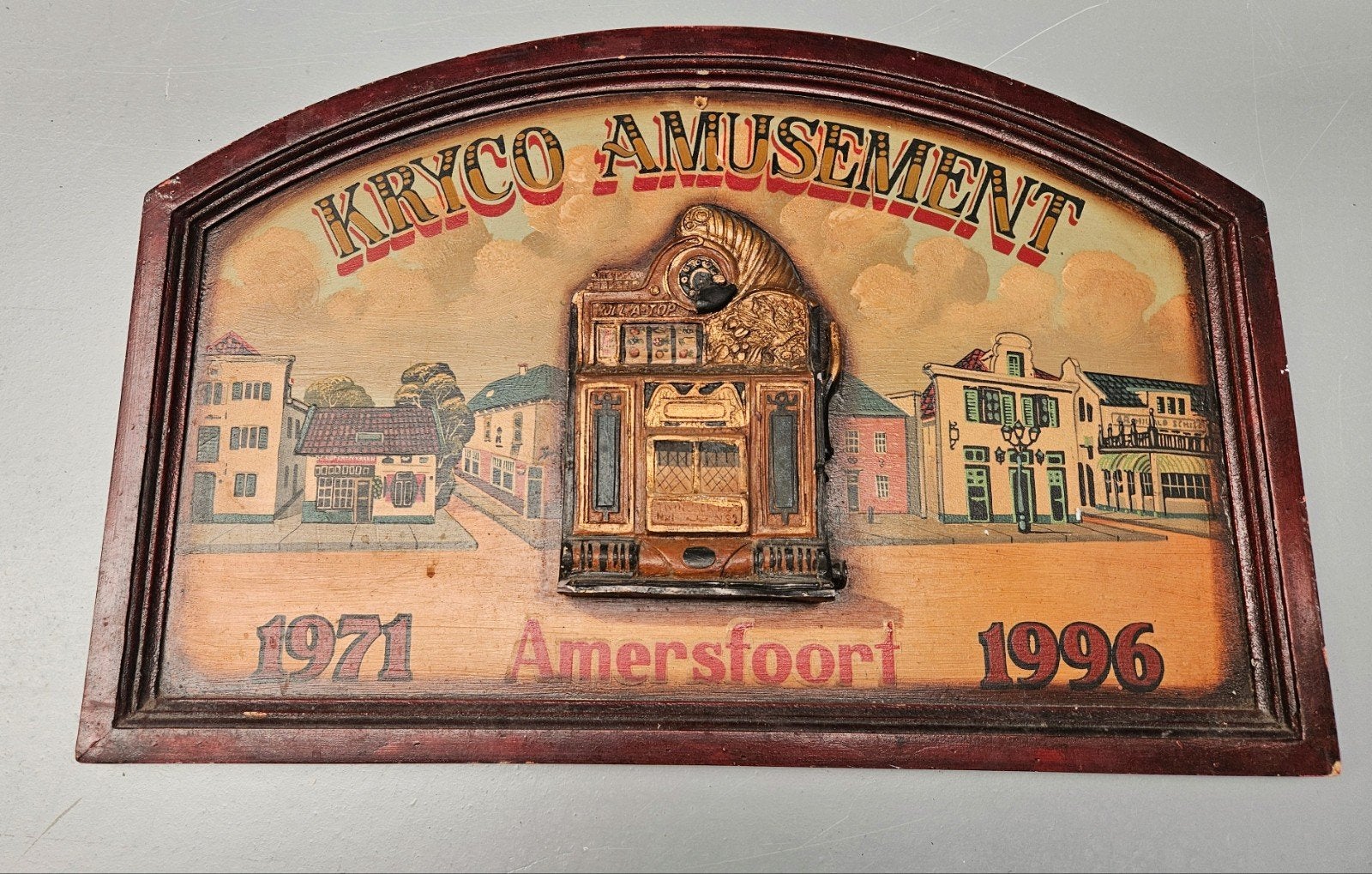 Uniek Houten Bord Kryco Amusement Amersfoort (1971-1996)., Ophalen of Verzenden, Gebruikt