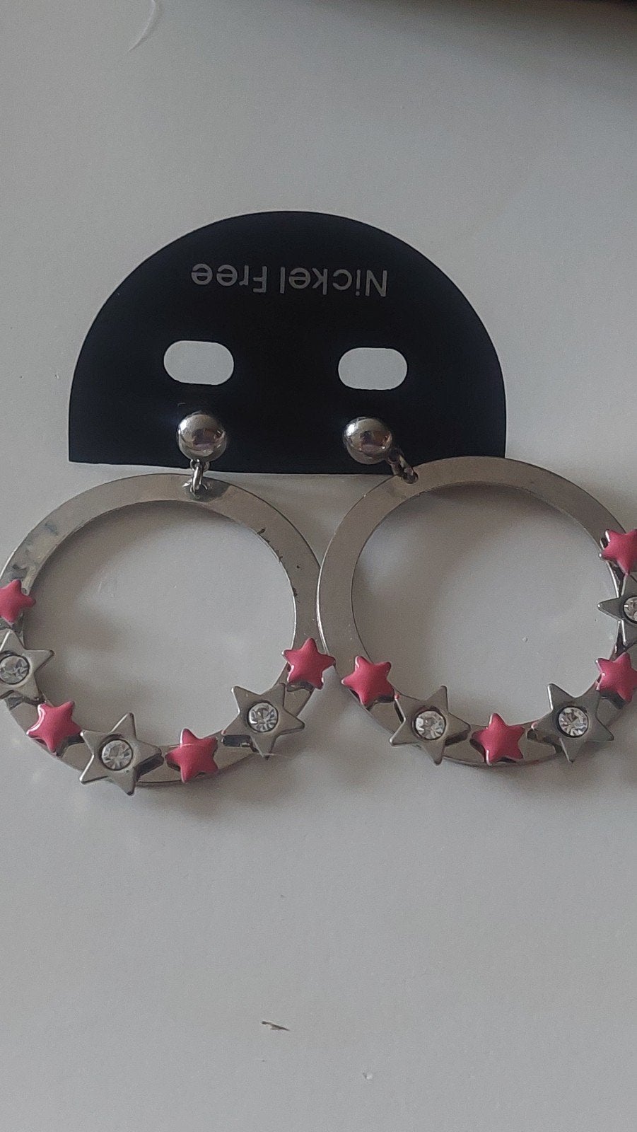 Zilverkleurige Oorringen met Roze Sterren en Strass, Overige materialen, Hangers, Nieuw, Ophalen of Verzenden