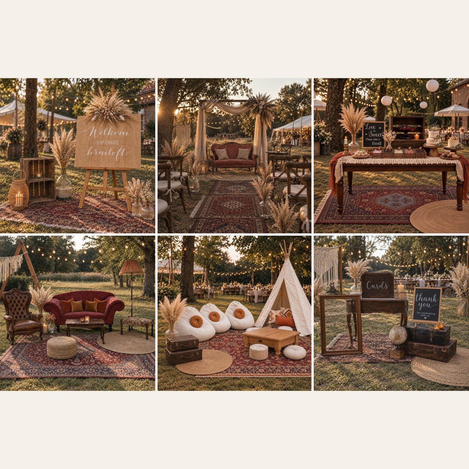 Complete Boho bruiloft decoratie huren | 6 styling sets, Ophalen of Verzenden, Zo goed als nieuw, Geboorte of Huwelijk