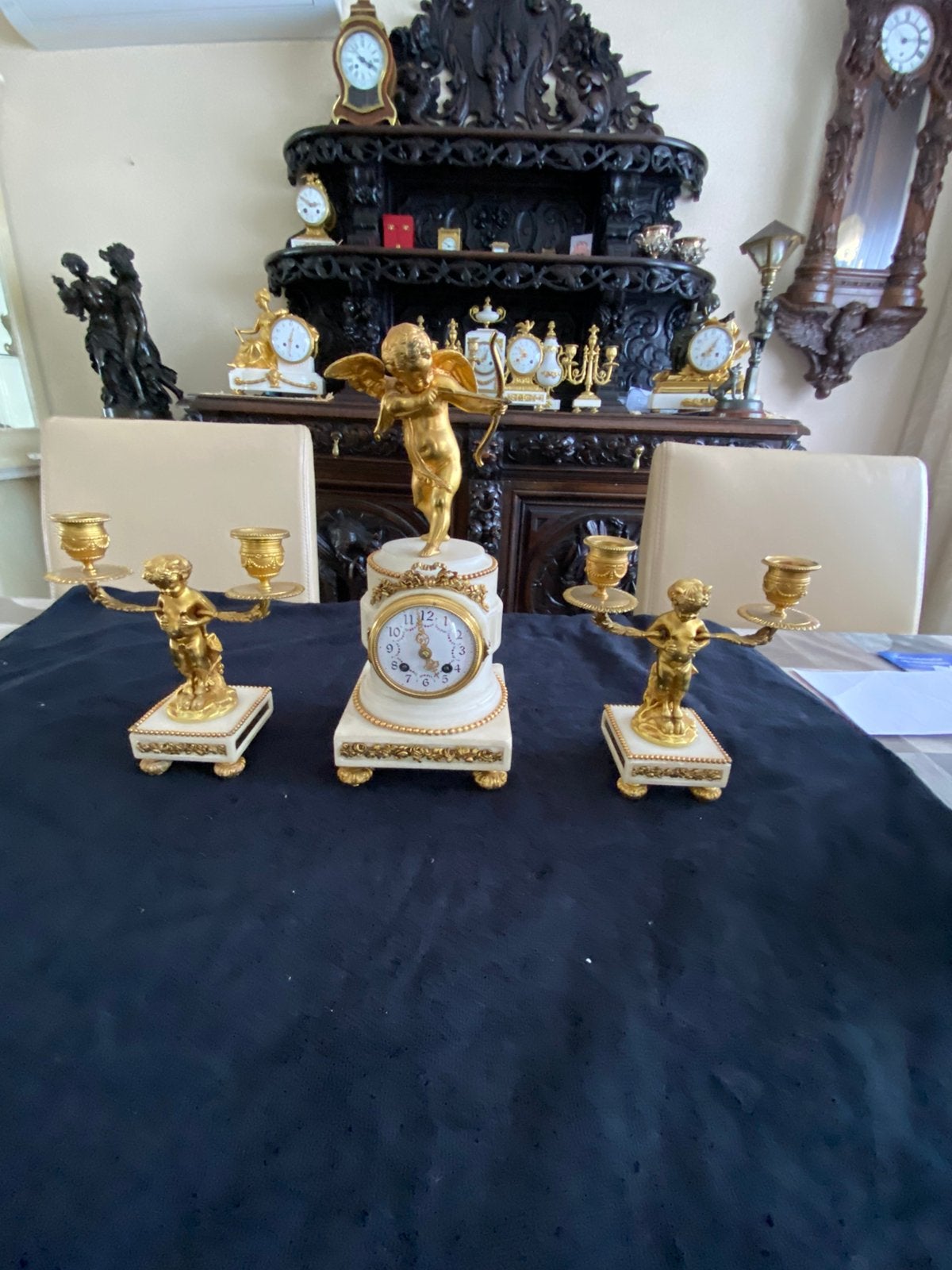 Antieke Klok en Kandelaars Set - Verguld Brons en Marmer, Antiek en Kunst, Ophalen of Verzenden, Koper of Brons