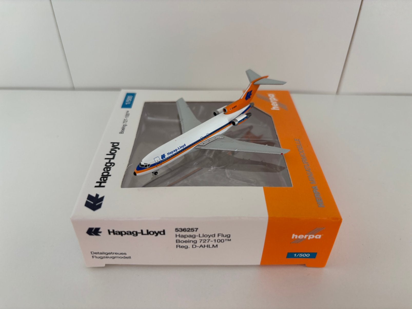 Herpa 536257 Hapag-Lloyd Flug Boeing 727-100 1:500, Ophalen of Verzenden, Zo goed als nieuw, Schaalmodel