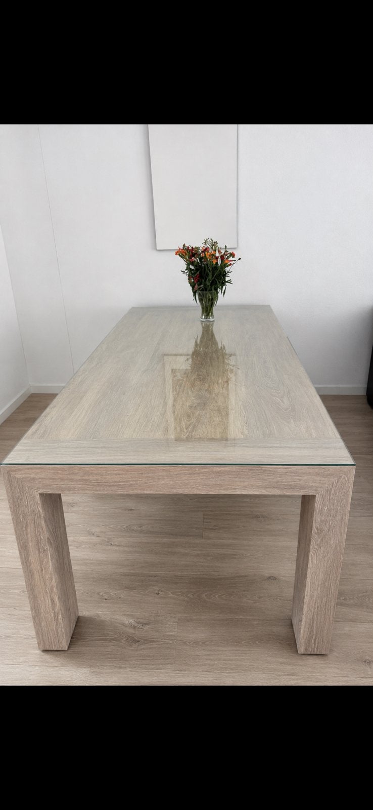 GRATIS, houten tafel met glasplaat 6 personen, Ophalen, Gebruikt, 100 tot 150 cm, 200 cm of meer