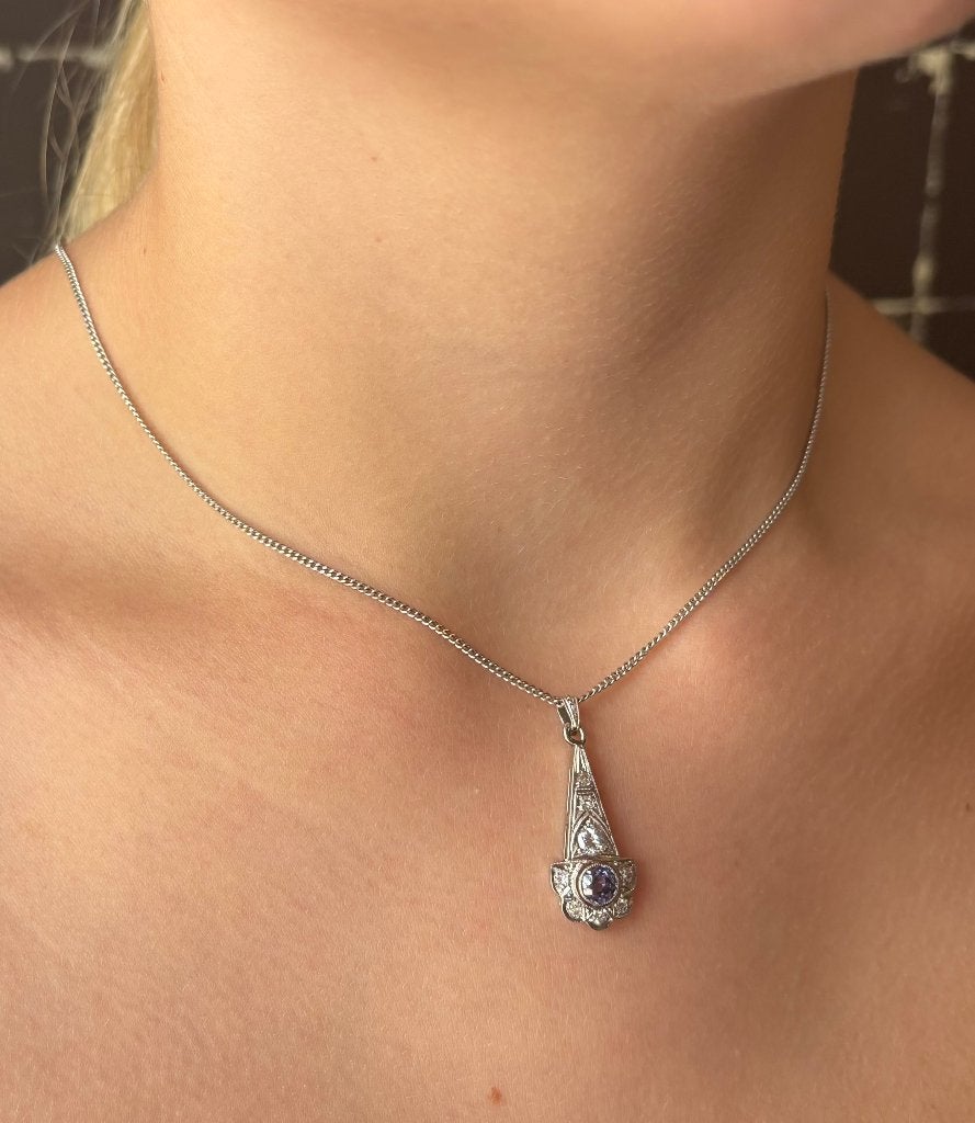 Tanzaniet diamant art deco 14k gouden hanger en ketting dame, Ophalen of Verzenden, Goud, Ketting, Met edelsteen