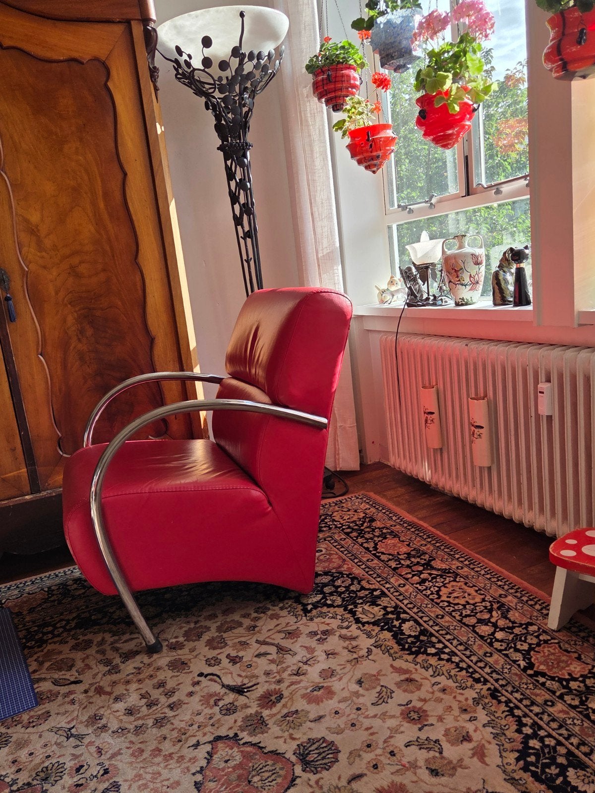 Twee rode buisframe fauteuils van chroom met kunstleer - zit, Ophalen, Overige materialen, Gebruikt, Twee