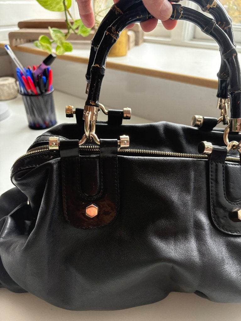 Originele Vintage Gucci Bamboo bowler handtas zwart, Verzenden, Gebruikt, Zwart, Handtas