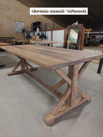Oud eiken maatwerk wagonplanken kloostertafel met kruispoot, Ophalen