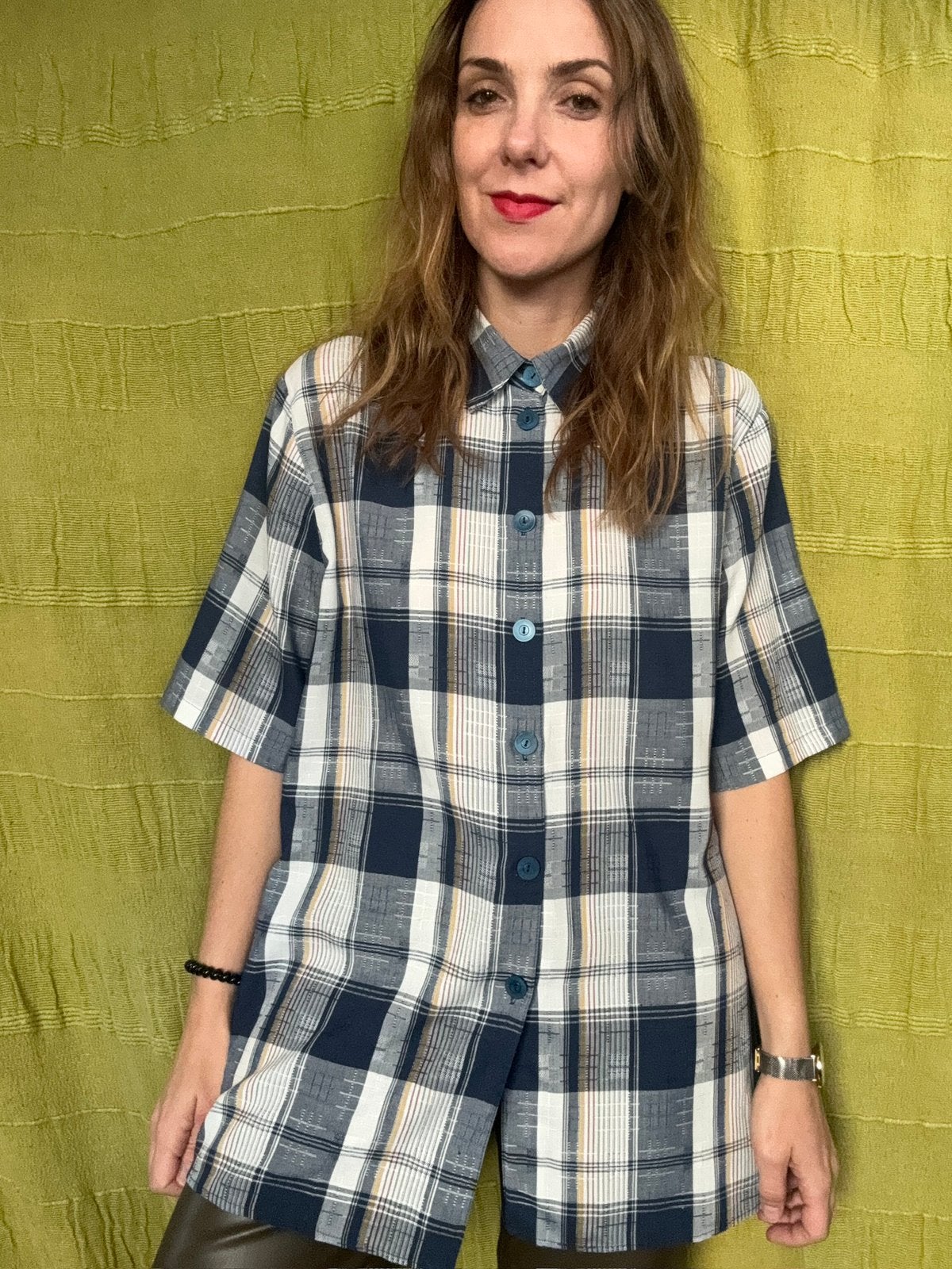 Vintage blouse / shirt / overhemd - geruit - blauw / wit, Maat 38/40 (M), Hgv, Blauw, Hgv