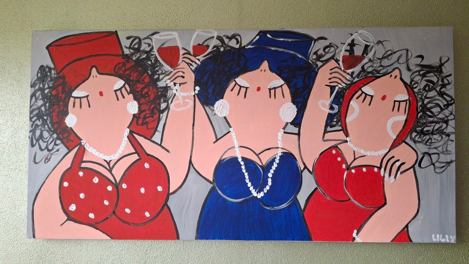 Schilderij 'Dikke Dames' 60x120 cm, Antiek en Kunst, Ophalen, Handgeschilderd, Figuren