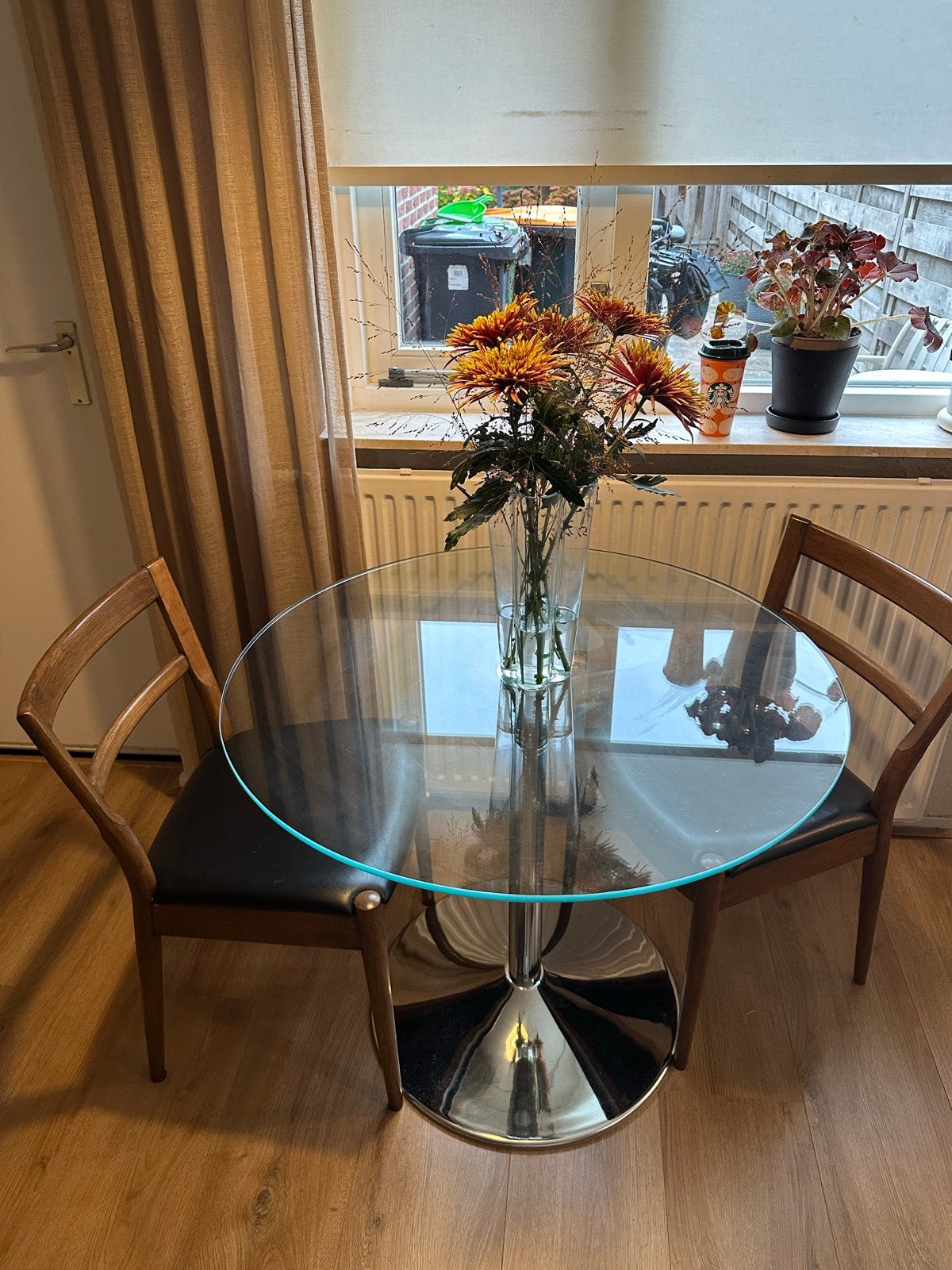 Ronde glazen chrome tafel - 90cm diameter mid century modern, Ophalen, Gebruikt, Rond, 50 tot 100 cm