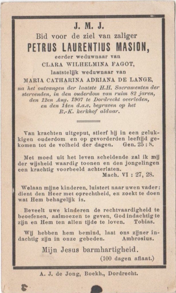 Petrus Laurentius Masion 1825 + 1907 Dordrecht, 82 jaar, Verzamelen, Bidprentjes en Rouwkaarten, Ophalen of Verzenden