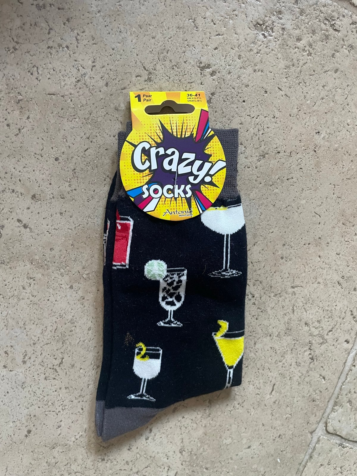 Crazy Socks met cocktailprint - Maat 36-41, Sokken en Kniesokken, Zwart, Maat 35 t/m 38, Nieuw
