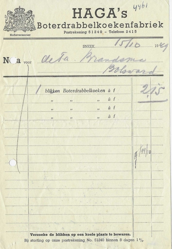 Factuur Haga's boterdrabbelkoeken Sneek, Ophalen of Verzenden, Gebruikt