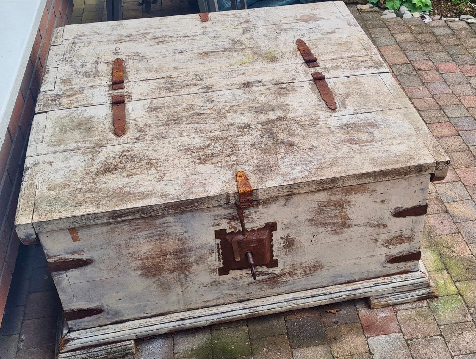 Robuuste eikenhouten salontafel/opbergkist 1x1m, Ophalen, Gebruikt, 100 tot 150 cm, Landelijk