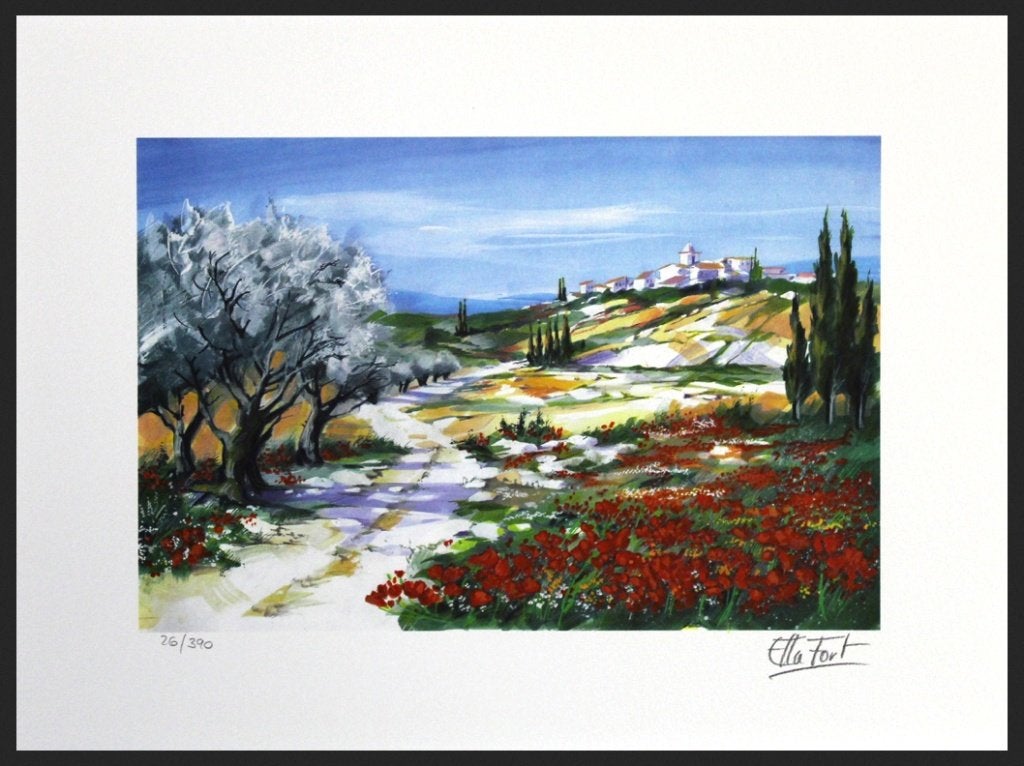 Ella Fort Litho " Champ Fleuri " Fraai Kleurig Werk, Ophalen of Verzenden