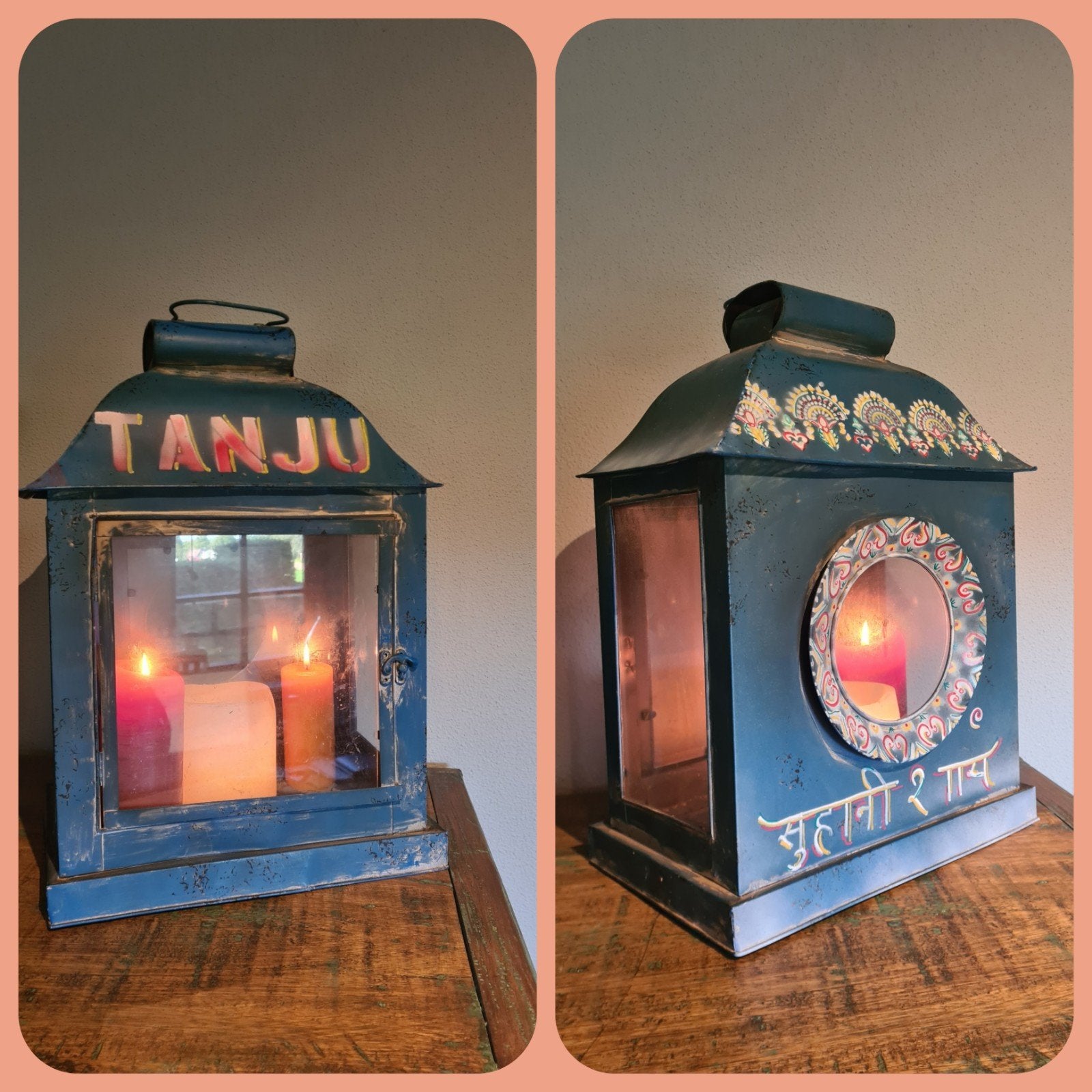 XL Kroepoek blik kroepoekblik lantaarn windlicht bali india, Lantaarn, Blauw, Ophalen of Verzenden, Zo goed als nieuw
