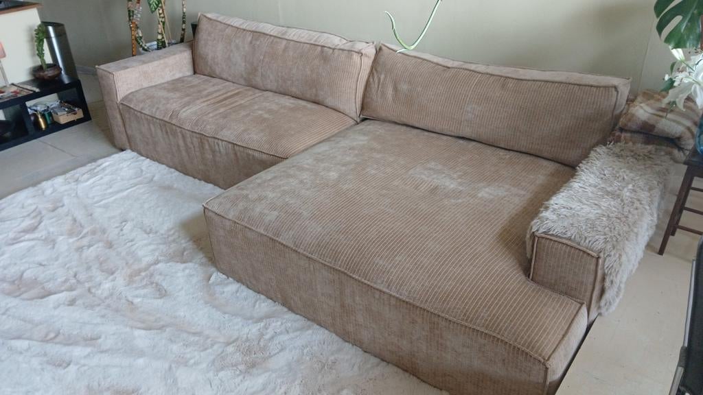 Grote beige corduroy hoekbank met loungegedeelte – 346 cm, Gebruikt, 100 tot 125 cm, Hoekbank, 300 cm of meer