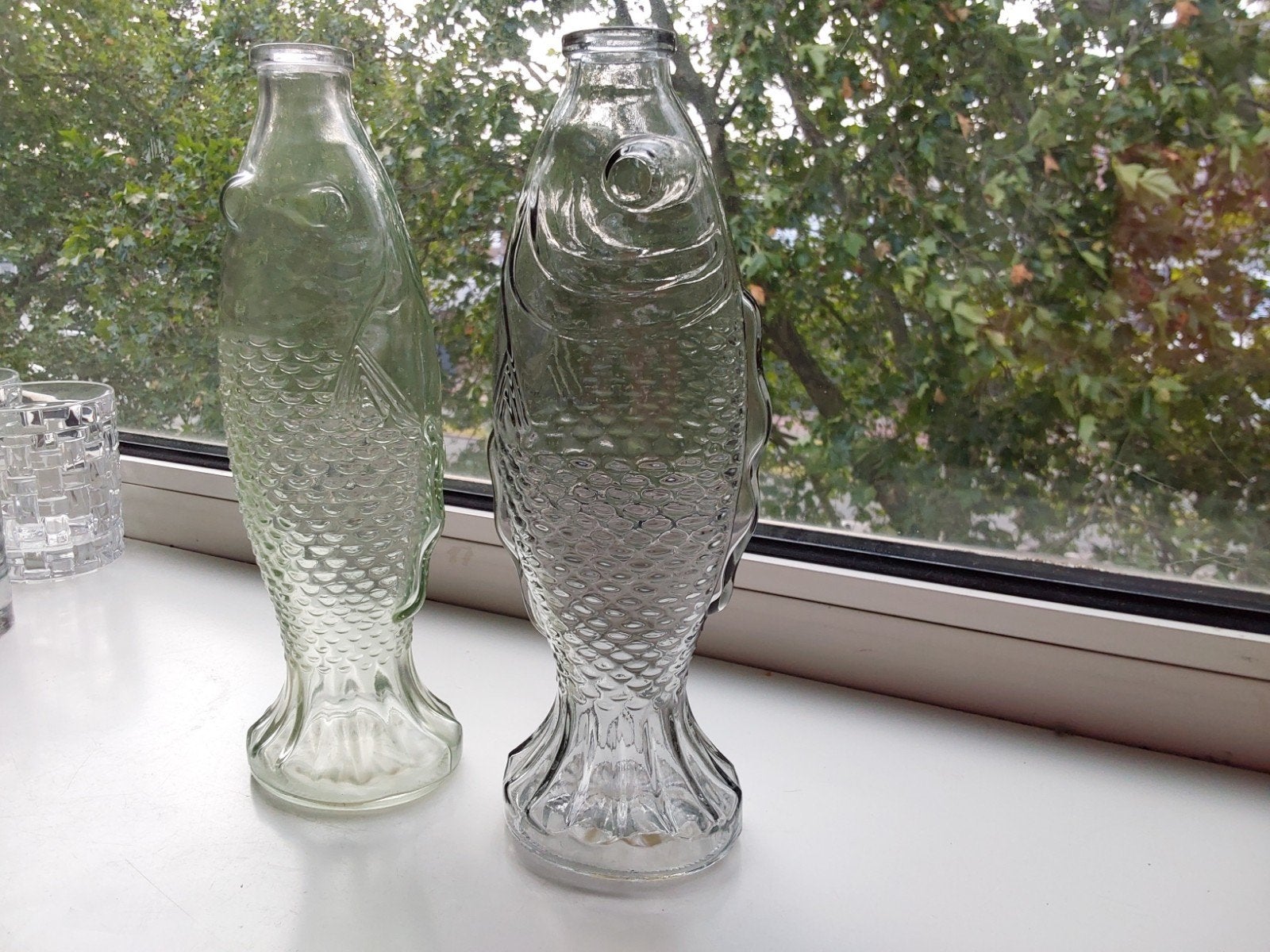 Set van 2 vintage visflessen - decoratief glas, Antiek en Kunst, Ophalen of Verzenden