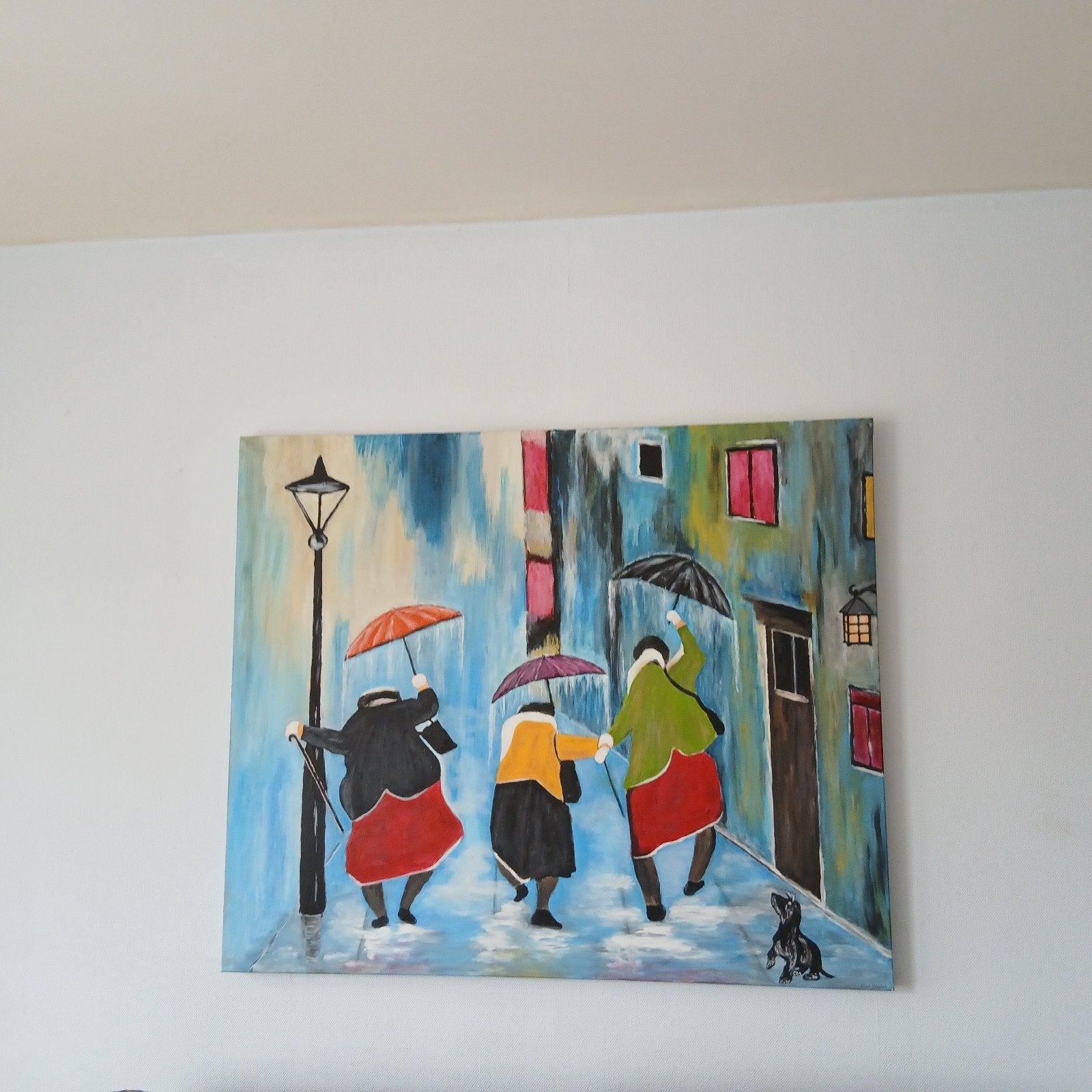 Schilderij: Drie Vrouwen met Paraplu's in de Regen, Figuren, Ophalen of Verzenden, Handgeschilderd, Olieverf