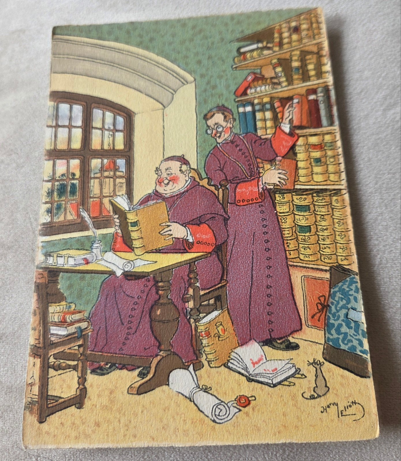 Oude Ansichtkaart: Monniken in Bibliotheek - Humoristisch, Verzamelen, Verzenden, Gelopen, Overige thema's