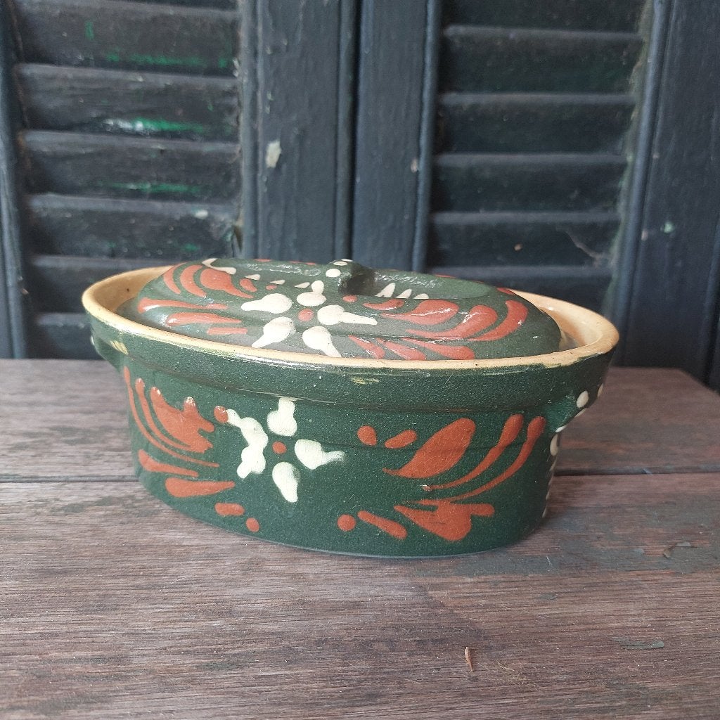Antieke Franse casserole terrine uit Elzas gebied in groen, Ophalen of Verzenden