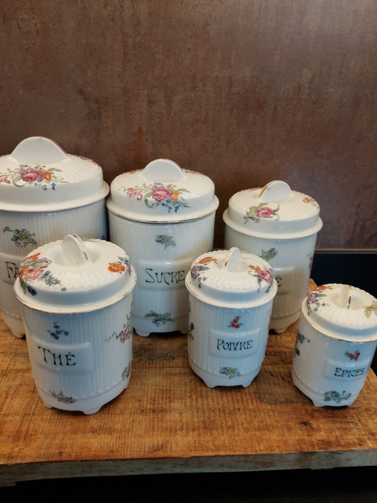 Set 6 Brocante Porseleinen Voorraadpotten, Antiek en Kunst, Curiosa en Brocante, Ophalen of Verzenden