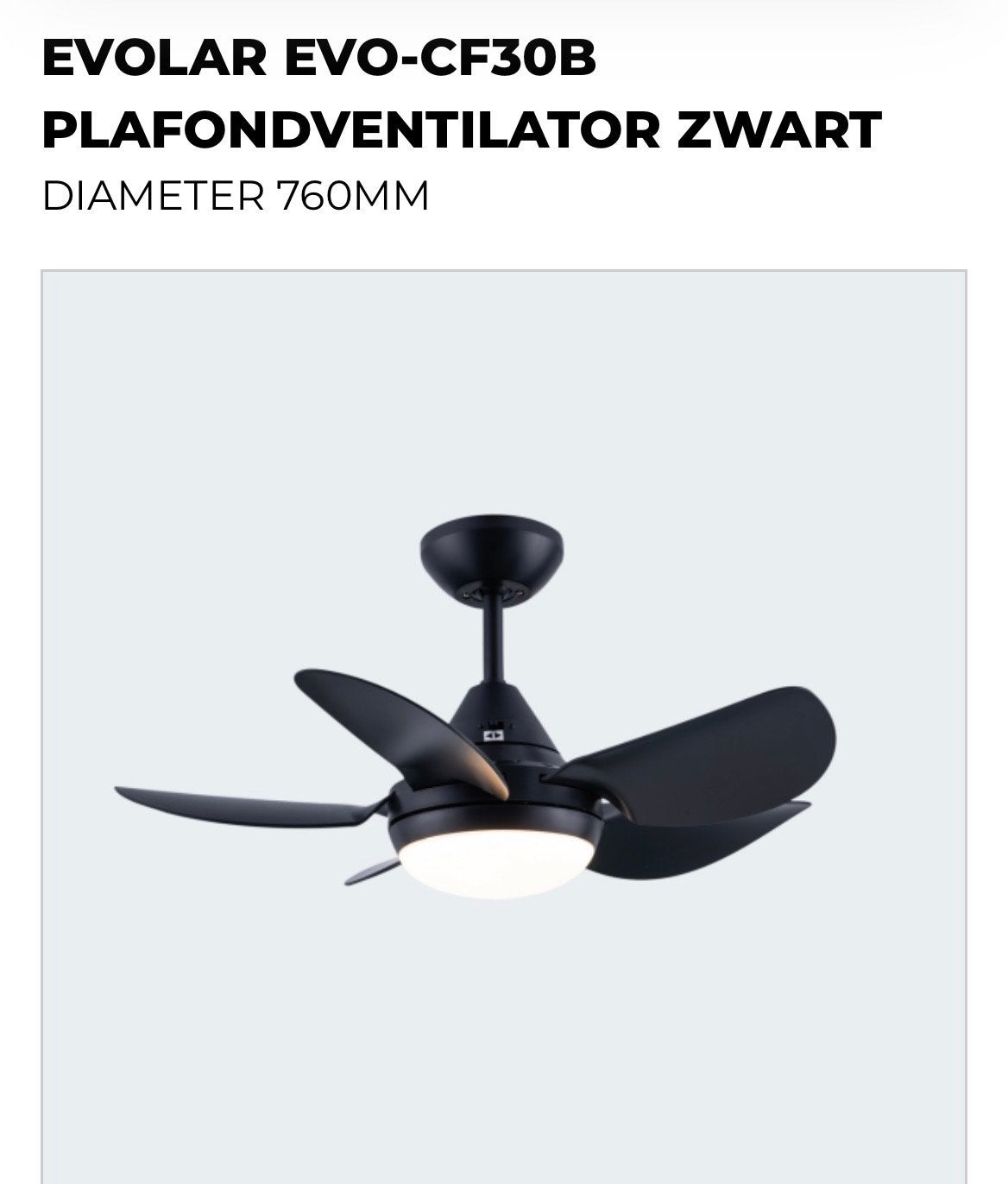 Evolar EVO-CF30B Plafondventilator Zwart 760mm, Ophalen, Ventilator met afstandsbediening, Nieuw, Plafondventilator