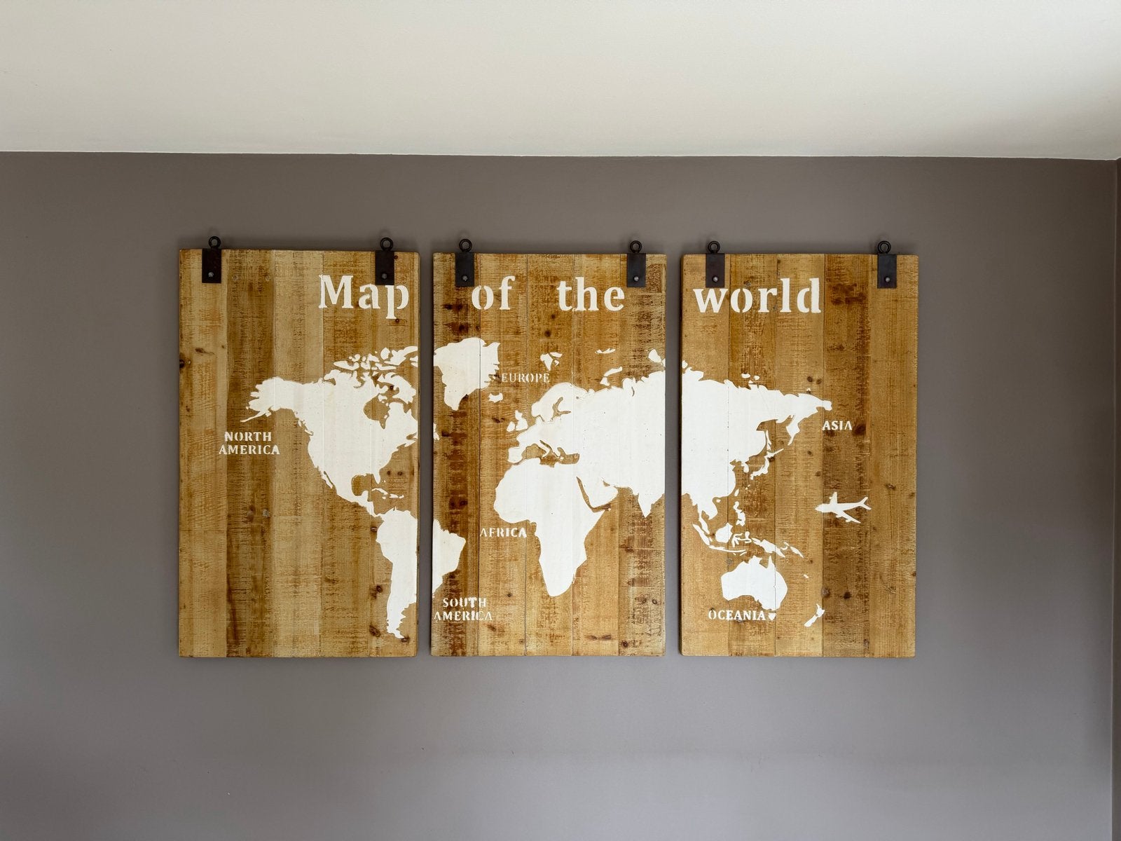 Wanddecoratie wereldkaart op houten panelen, Ophalen, Industrieel, Hout, Zo goed als nieuw