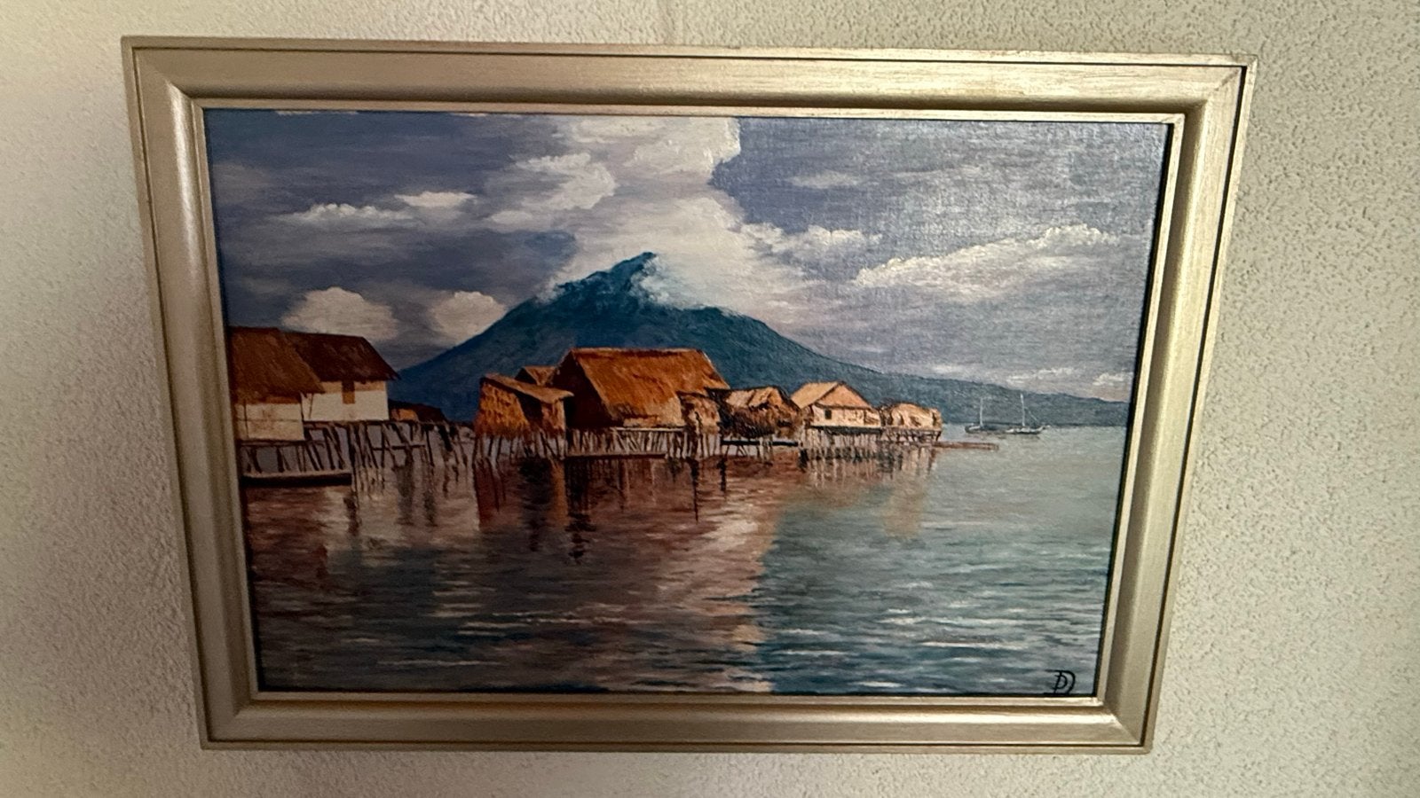 Indisch dorpsgezicht olieverf - Dick Douna (54x38 cm), Antiek en Kunst, Kunst | Schilderijen | Klassiek, Ophalen, Doek, Realistisch