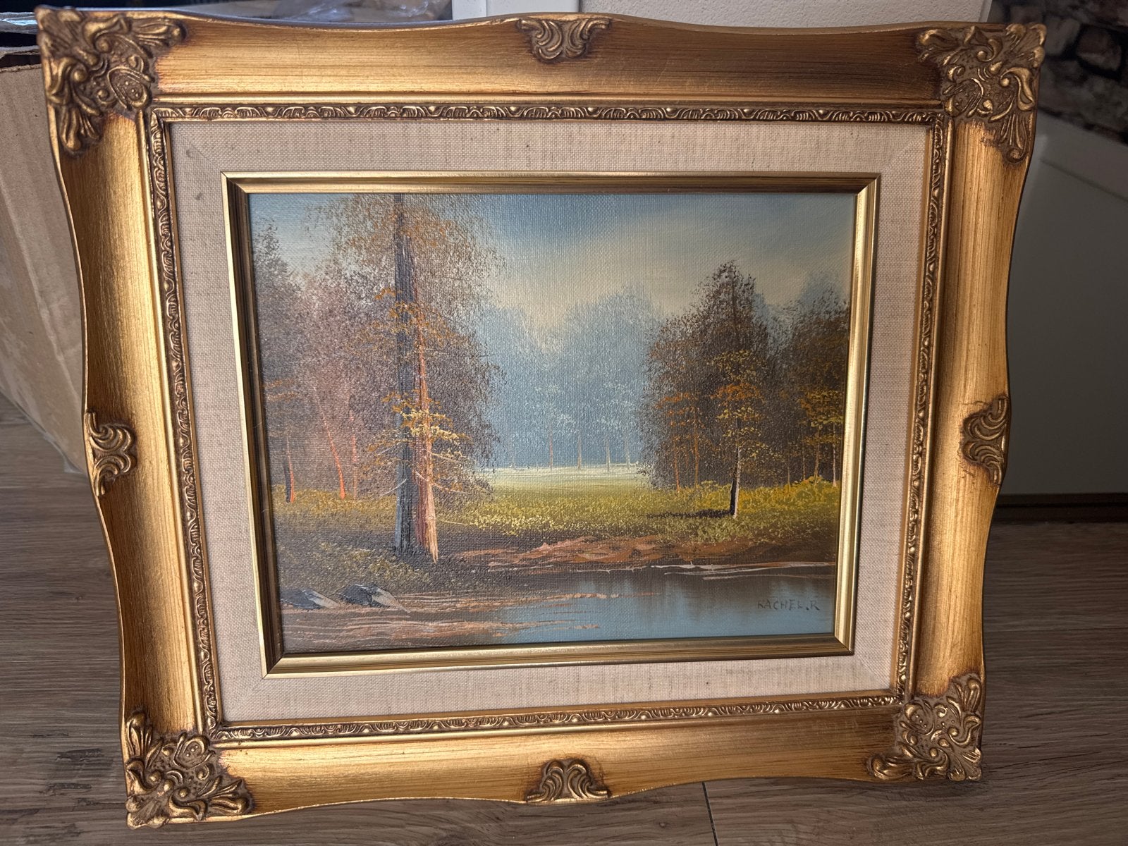 Schilderij 'Boslandschap met water' gesigneerd Kachelr, Antiek en Kunst, Doek, Realistisch, Ophalen of Verzenden, Gesigneerd