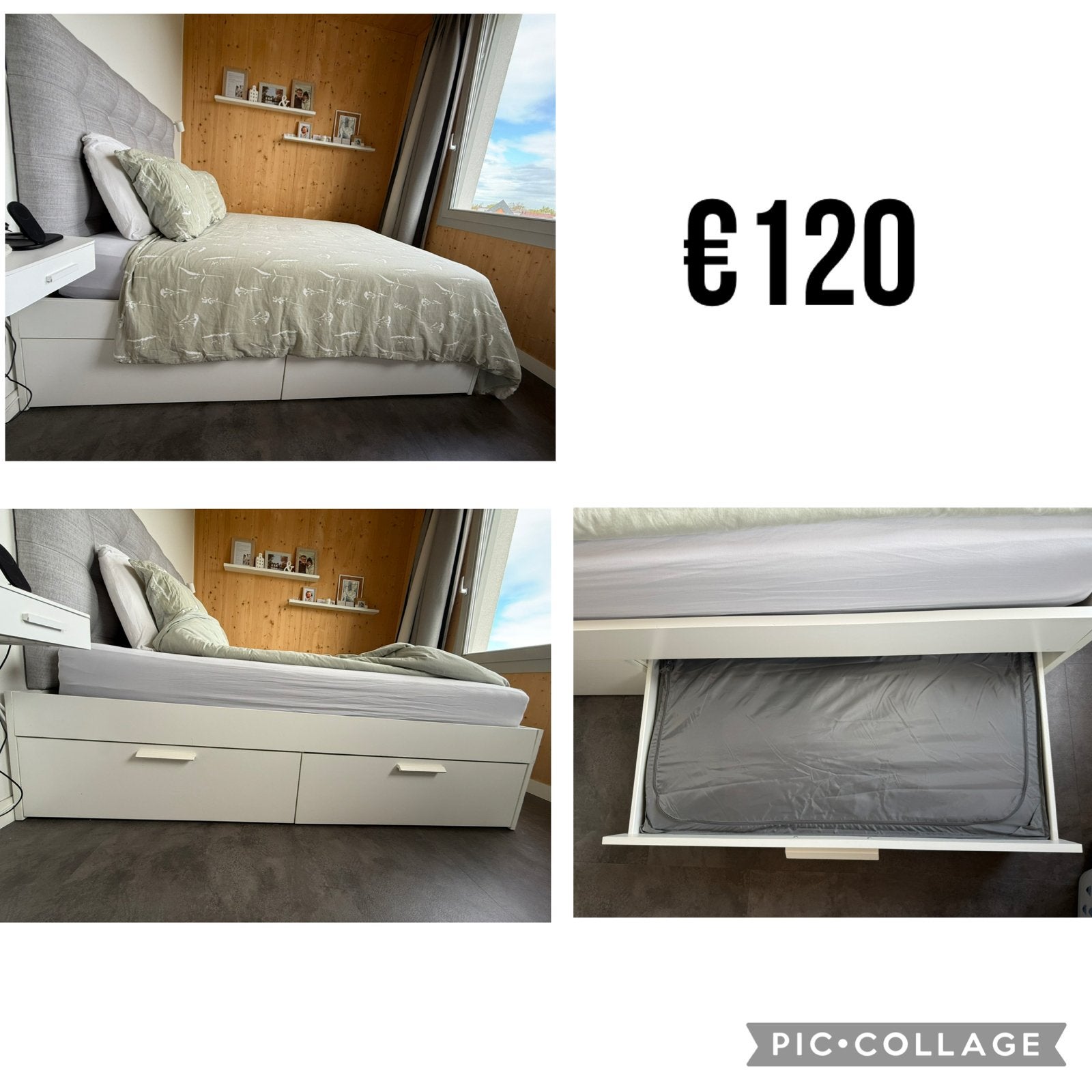 Wit bed (160x200) met lades, matras en topper, Ophalen, Gebruikt, Wit, Tweepersoons