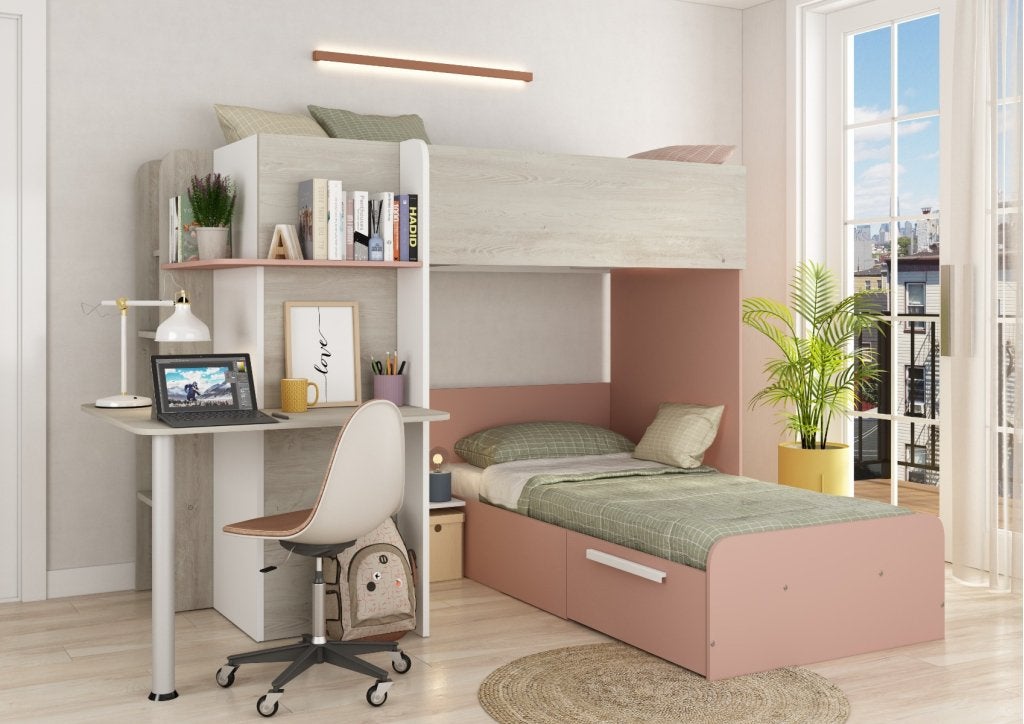 Palatino hoekstapelbed met bureau, kast en lade - 90x190 - W, Niet ingevuld, Niet ingevuld, Niet ingevuld