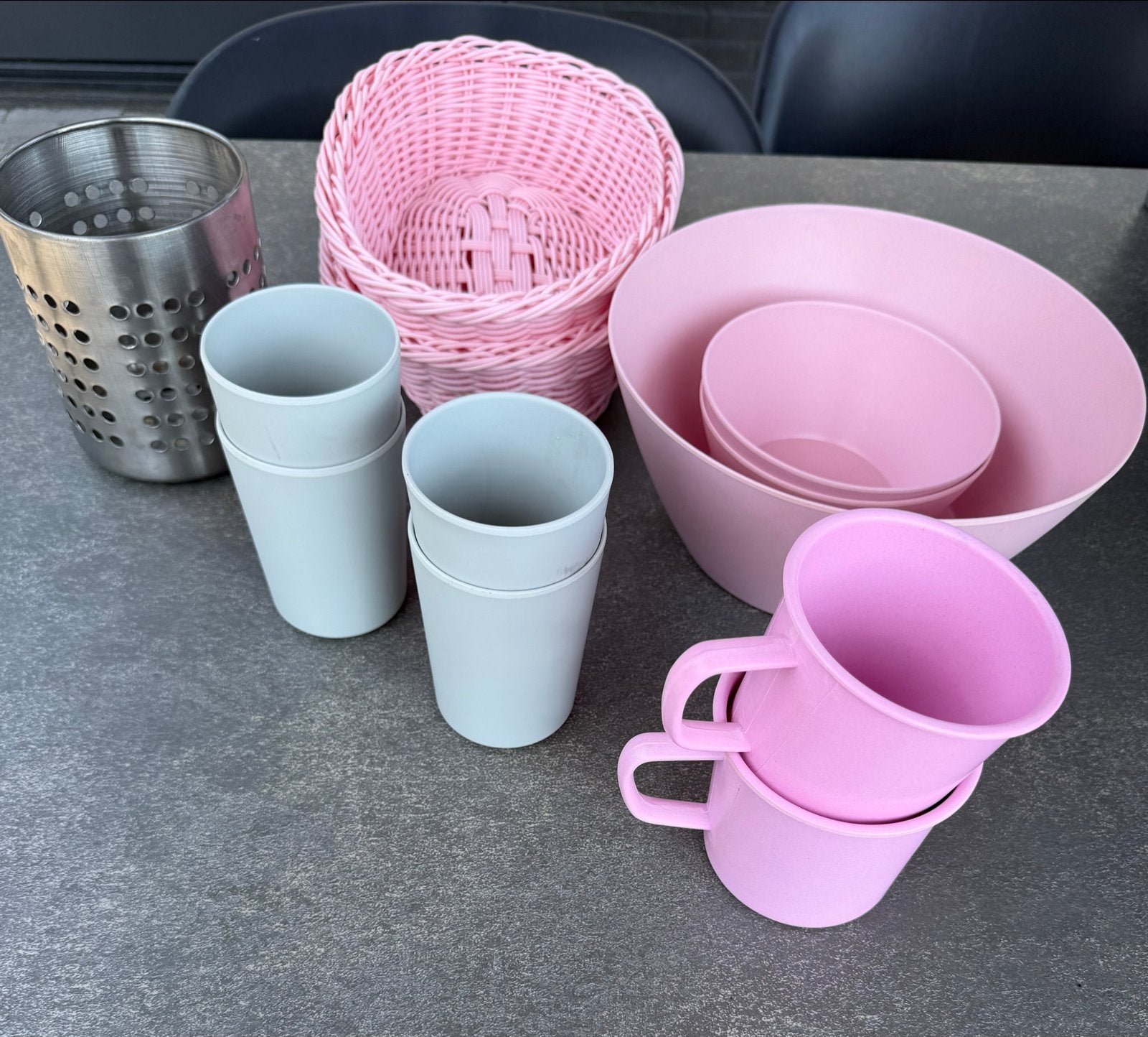 Set camping servies : bekers, schalen, mandjes, Ophalen of Verzenden, Gebruikt