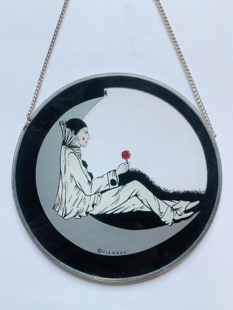 Vintage Raamhanger Pierrot op Maan 15cm - Glas in Lood Stijl, Gebruikt, 15 cm, Wandhanger, Vintage