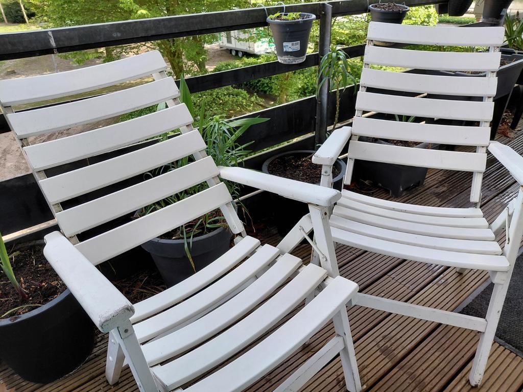 Twee massief houten tuinstoelen, inklapbaar., Ophalen, Gebruikt, Hout, Inklapbaar