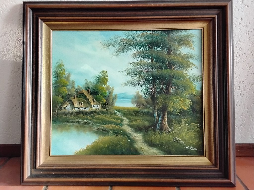 Te koop,Mooi olieverf schiderij van de schilder Minteer., Antiek en Kunst, Ophalen, Doek, Landschap, Olieverf