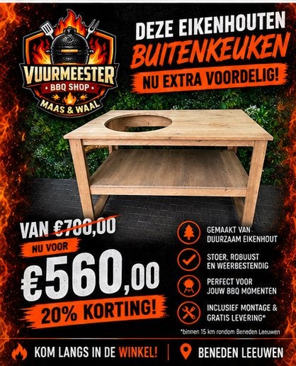 Massief eikenhouten BBQ tafel – Kamado buitenkeuken – €560, Ophalen, Nieuw, Houtskool