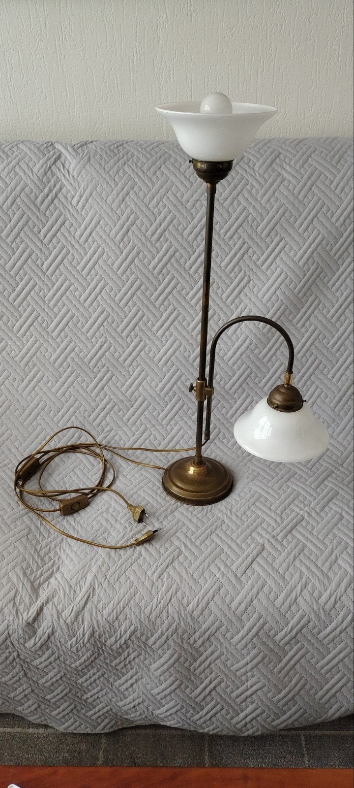 Vintage bronzen vloerlamp met leeslamp, Gebruikt, 100 tot 150 cm, Klassiek, Vintage, Glas