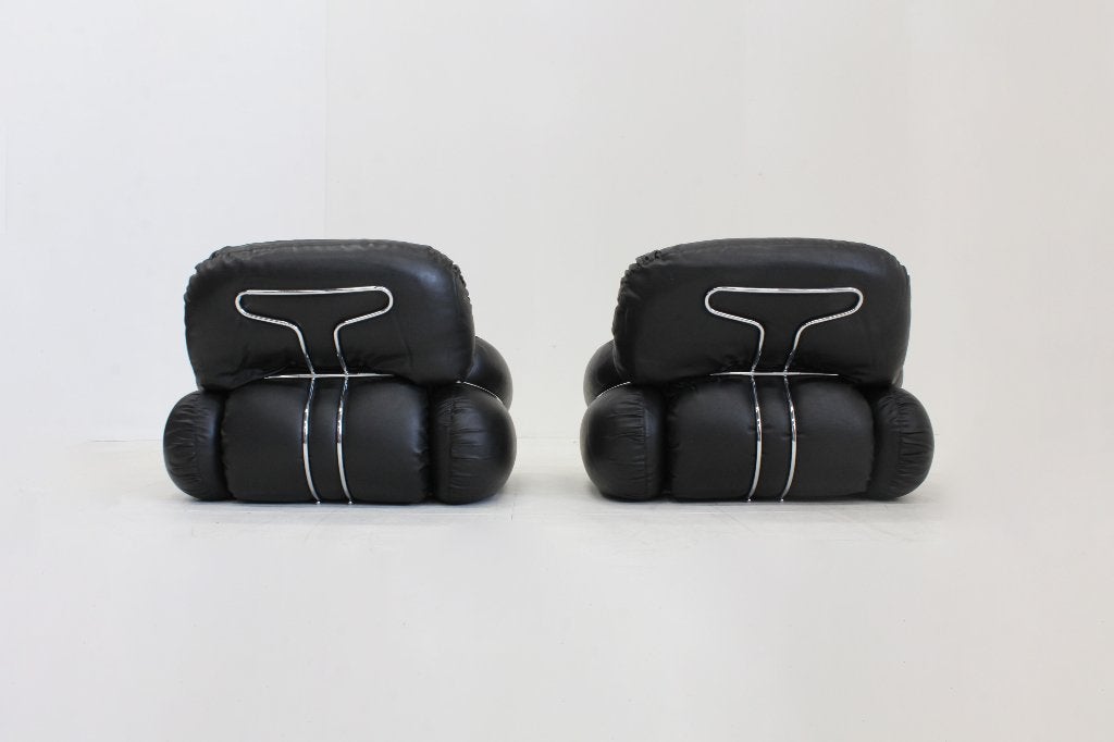 Set vintage design fauteuils Adriano Piazzesi  zwart leer, Gebruikt, Ophalen of Verzenden, 100 tot 125 cm, Vintage , design