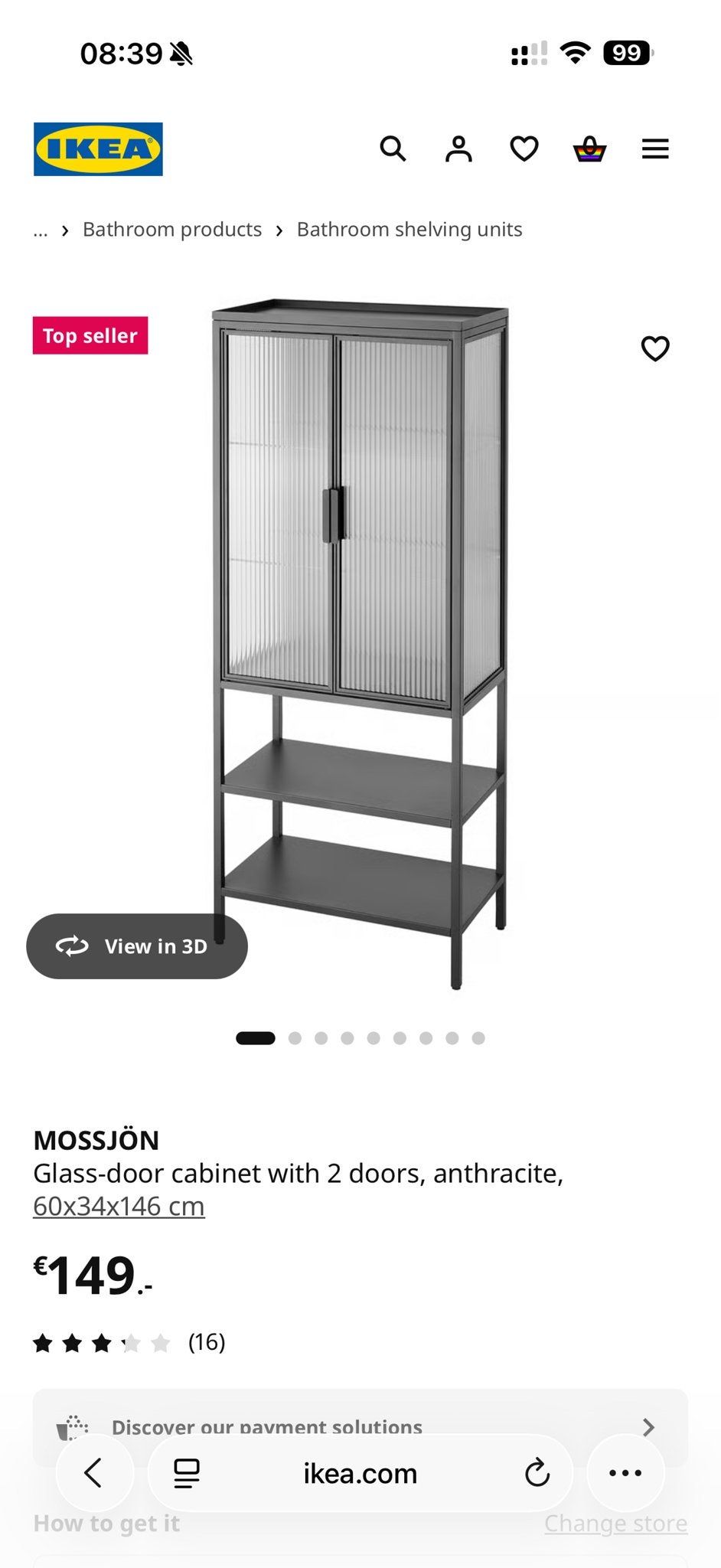 IKEA MOSSJÖN vitrinekast met geribbeld glas en glazen planke, Huis en Inrichting, Kasten | Vitrinekasten, Ophalen, 100 tot 150 cm