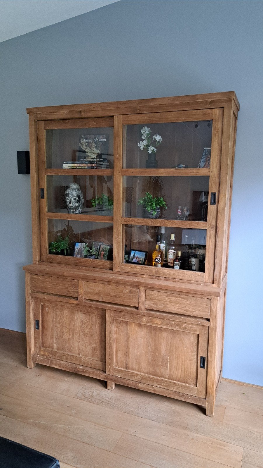 Teak Dressoir/Kast 220x160cm met Schuifdeuren en Lades, Ophalen, 200 cm of meer, 150 tot 200 cm, Teakhout