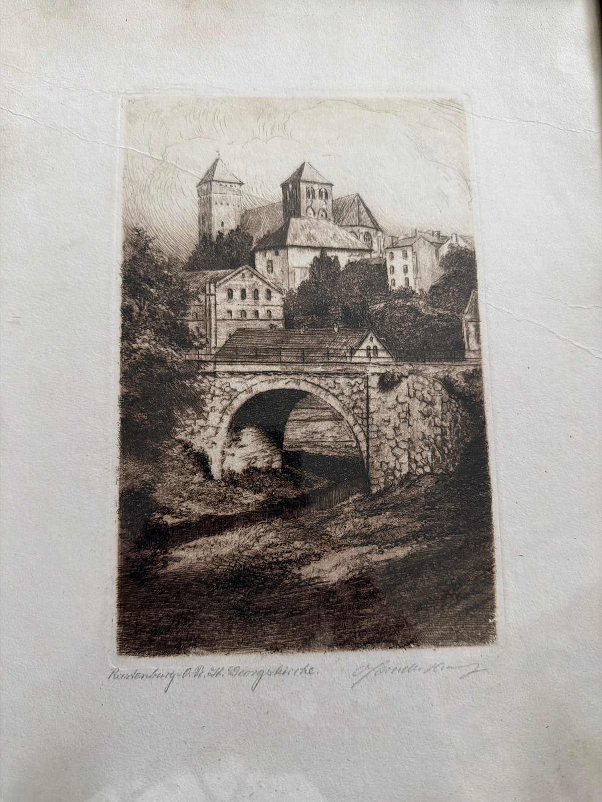 Antieke Ets: Kasteel en Brug, gesigneerd, 1800 - 1899, Ets, Architectuur, Ophalen of Verzenden